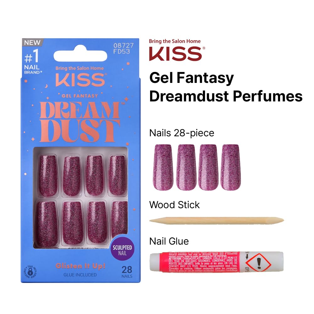 KISS False Nails Kit, Dreamdust Ready to Wear Gel Sculpted Nails, Stick and Glue Included, Long Length, Square Shape with Glitter Effect, Long-Lasting