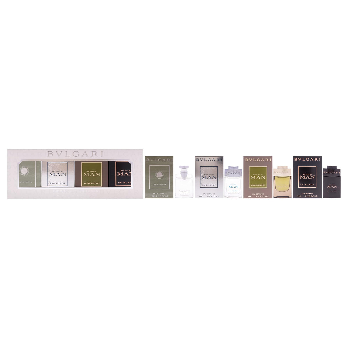 Bvlgari The Mens Gift Collection for Men - 4 Pc Mini Gift Set 5ml Pour Homme(EDT), EDP- Rain Essence, Wood Essence, Man In Black.