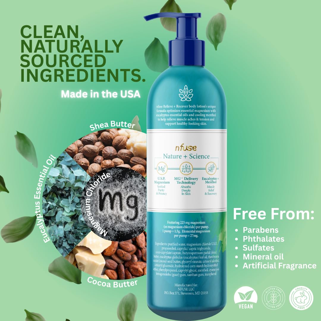 nfuse Magnesium Lotion - 225 mg USP Magnesium Chloride, Eucalyptus & Cooling Menthol, Fast Absorbing, Full-Body Muscle Recovery & Tension Relief Beauty & Personal Care nfuse