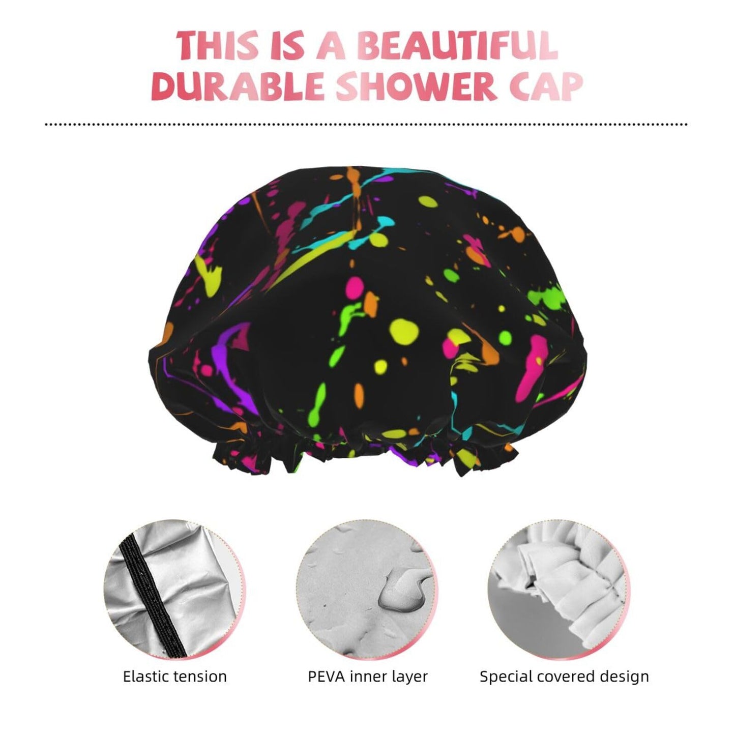Glow in Dark Splatter Neon Shower Cap Reusable Double Waterproof Layers Bathing Shower Hat Hair Protection Shower Hat Beauty and Personal Care Wegphh