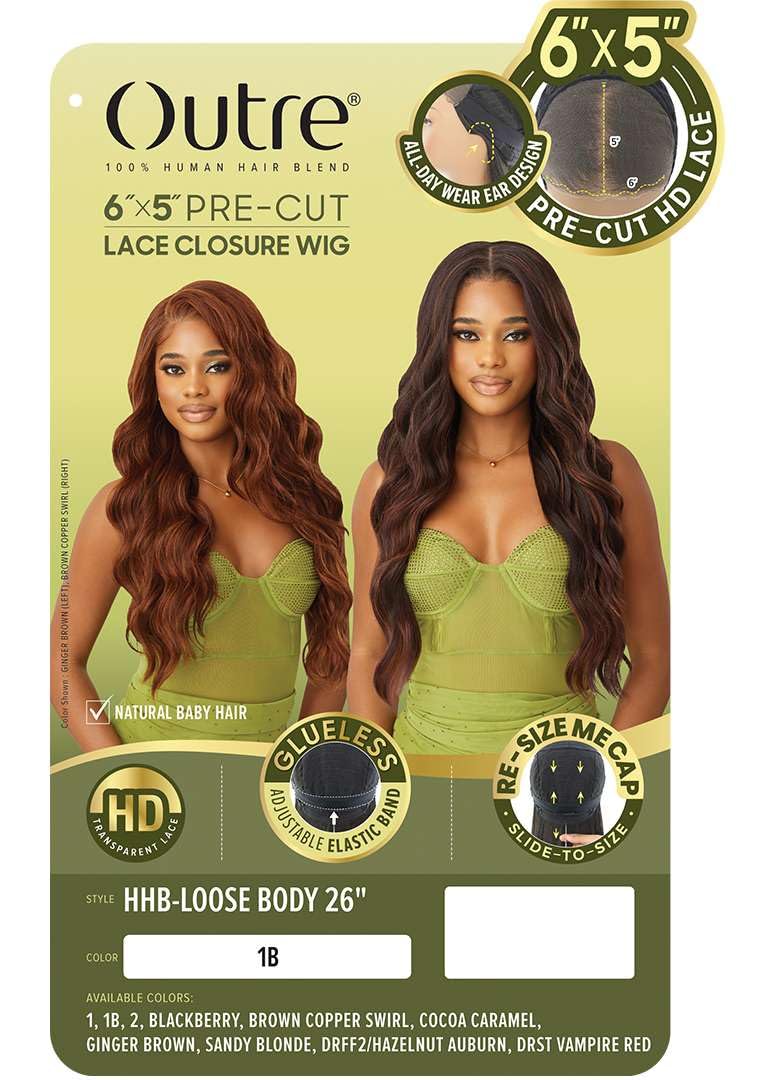 Outre 6X5 Pre-Cut Lace Closure Wig - Human Hair Blend - Loose Body 26" (BLACK BERRY)