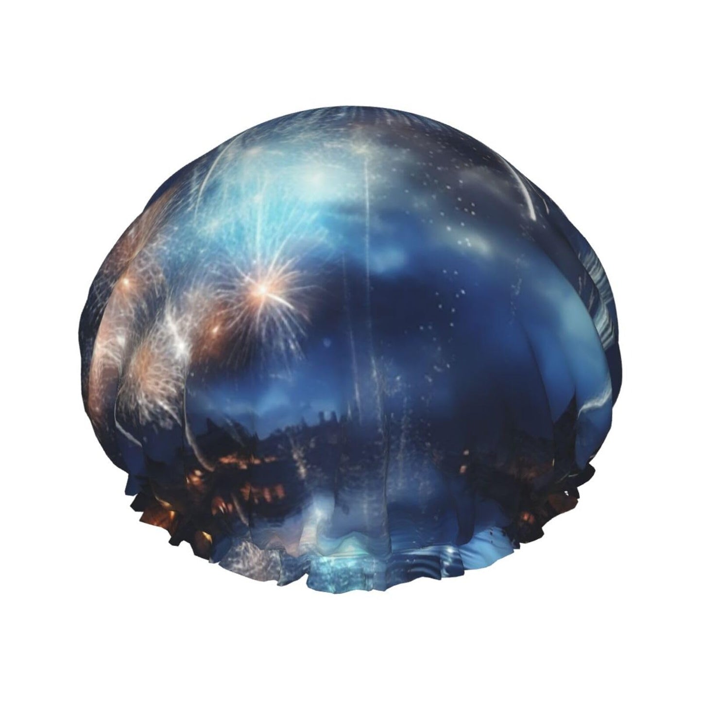 New Year Pyrotechnics Shower Cap For Women Reusable Double Layers Bathing Bath Cap Hair Caps Waterproof Elastic Band Ladies Spa Salon Shower Hat Hair Beauty and Personal Care GDSHJKLW