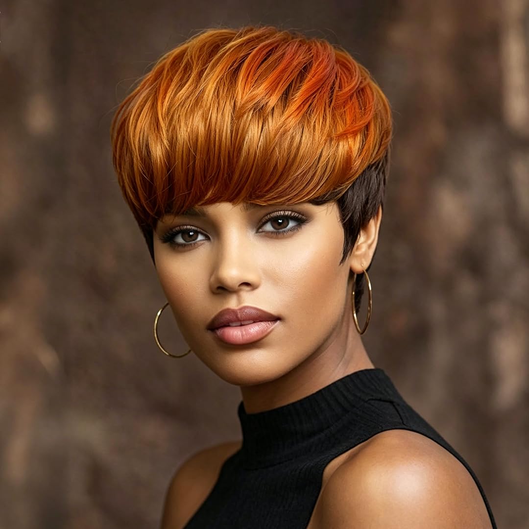 Nicelatus Short Synthetic Wigs for Black Women Short Ombre Wig with Bangs Short Pixie Cut Wig Ombre Hairstyle (Nicelatus-wig7337)
