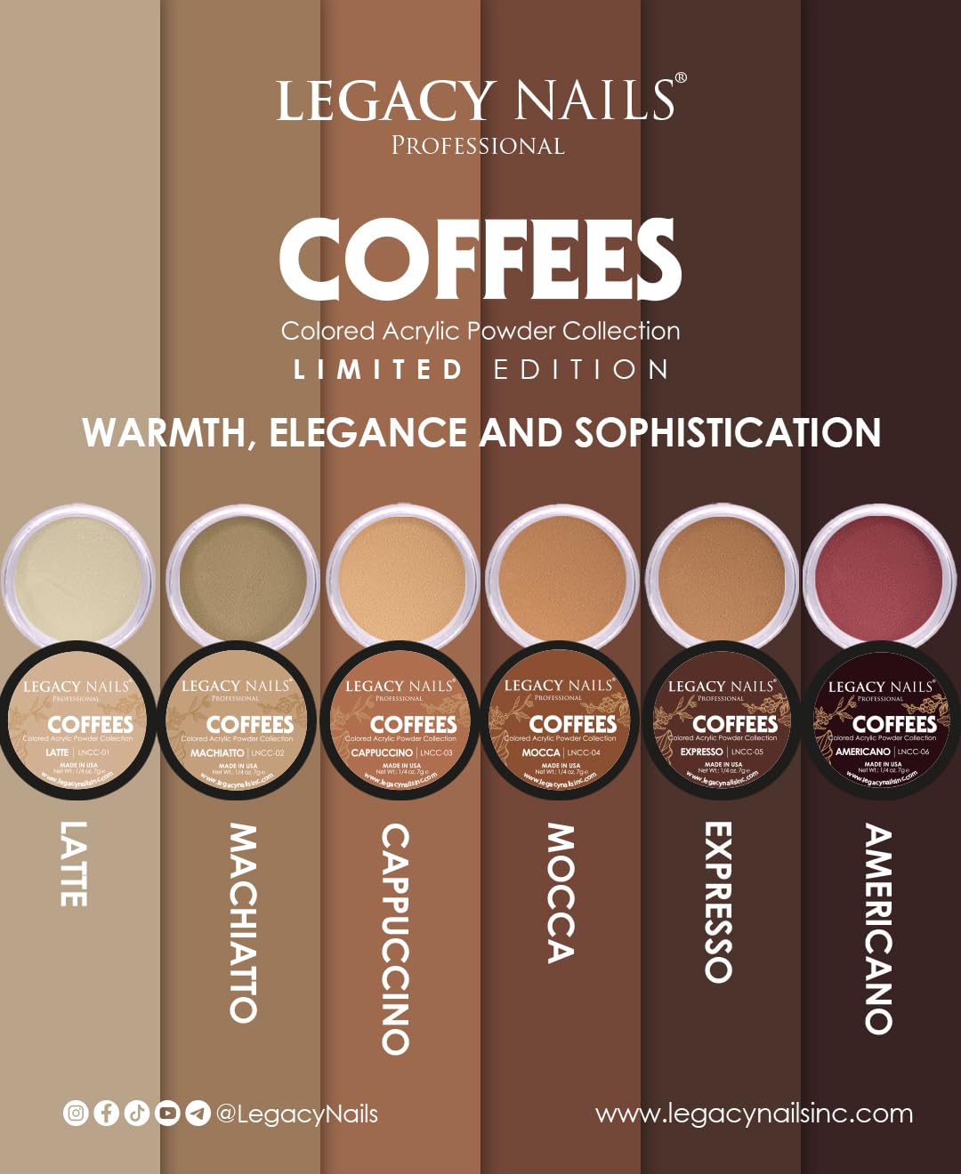 Legacy Nails Professional COLLECTION Acrylic Powder Kit 6 Colors Nail Art Set for Manicure DIY for Dip & Acrylic Nail Extensions (COFFEES COLLECTION)