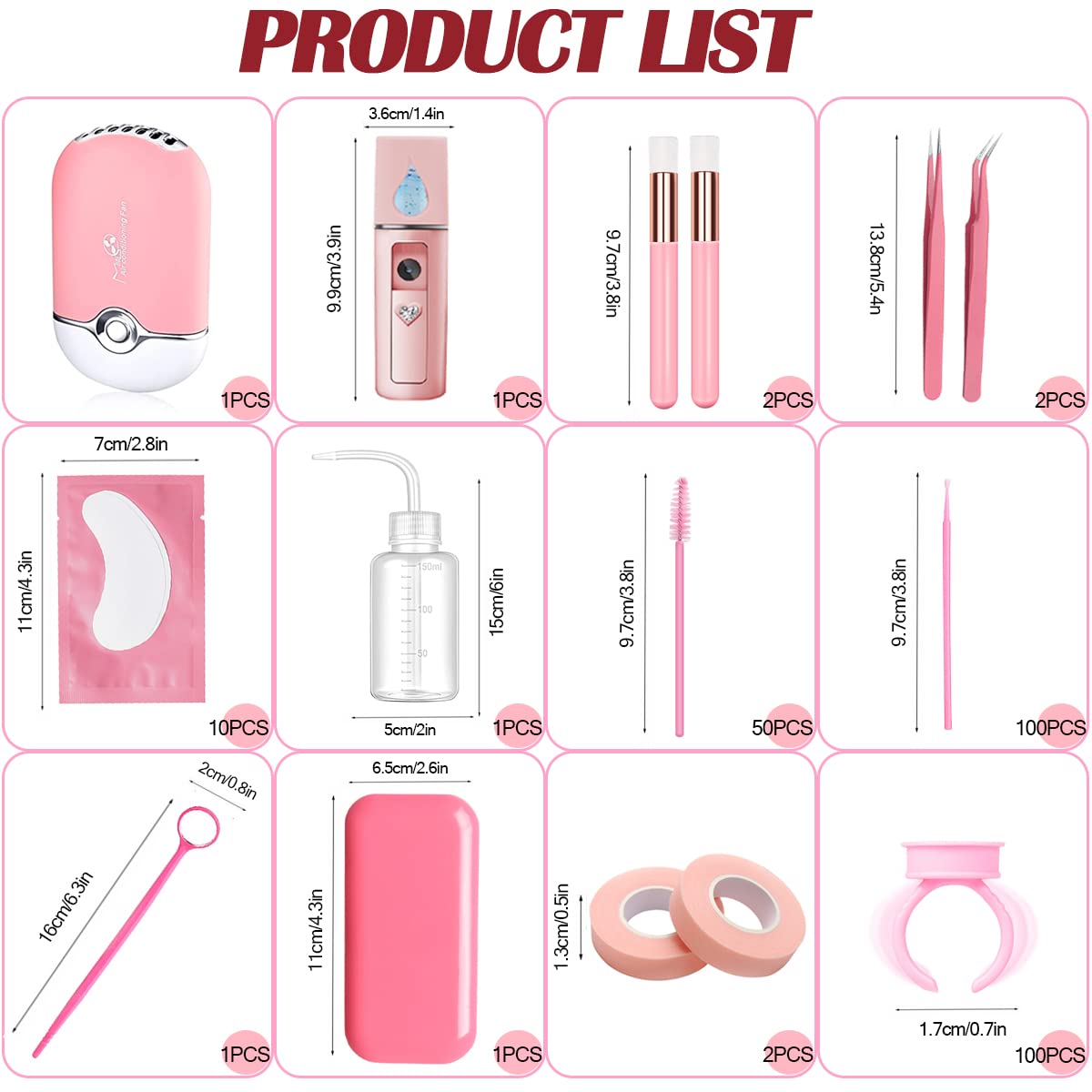 Eyelash Extension Supplies USB Air Conditioning Blower Facial Mister Lash Tweezers Mirror Mascara Brush Lash Shampoo Brush Bottle Silicone Pad Glue Beauty & Personal Care QUKLOGEN