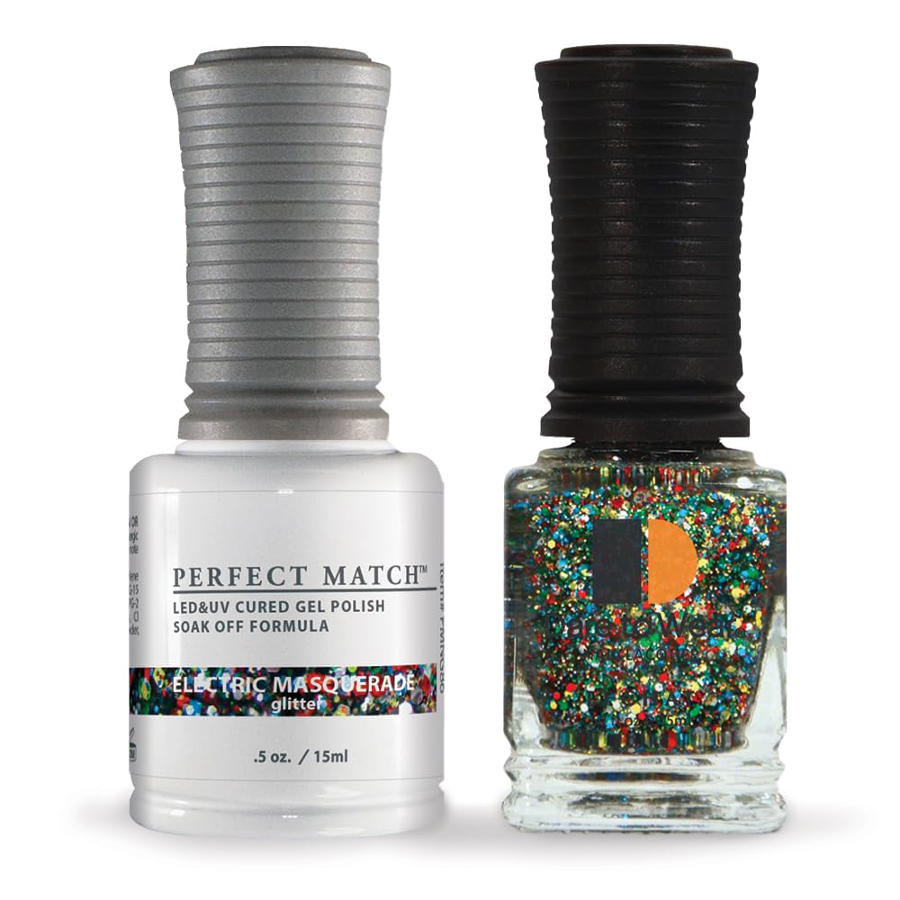 LeChat Perfect Match Gel Polish, Electric Masquerade, Green, Red, Yellow, Blue Glitter on Clear Base, Easy Application, Soak Off Formula, 0.5 Fl Oz