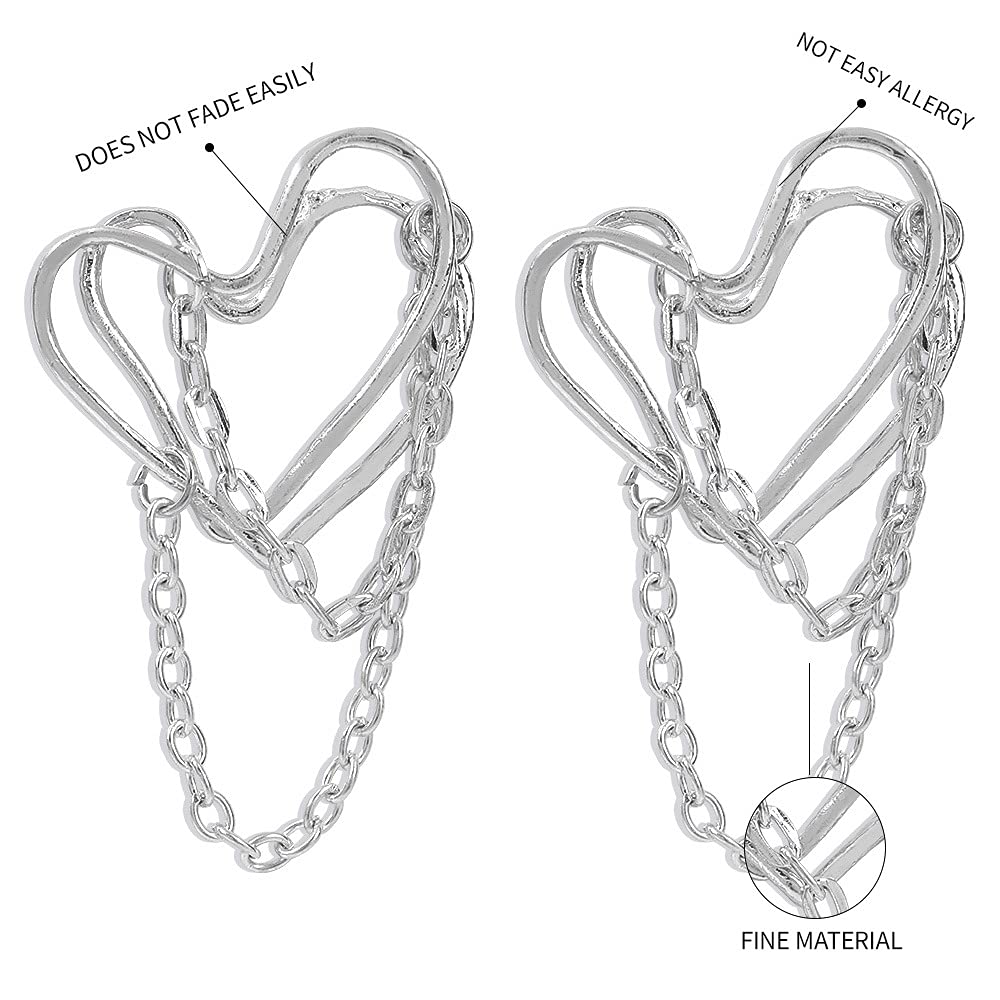 JWICOS Tassel Chain Drop Dangle Double Layer Big Heart Hoop Earrings for Women Punk Style (Silver) Beauty & Personal Care JWICOS