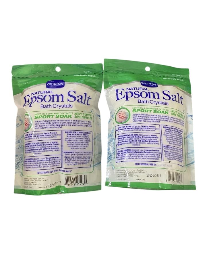 Amoray Natural Epsom Salt Bath Crystals Sport Soak with Menthol & Spearmint, Muscle Relief, 16oz 2 Pack Beauty and Personal Care Amoray