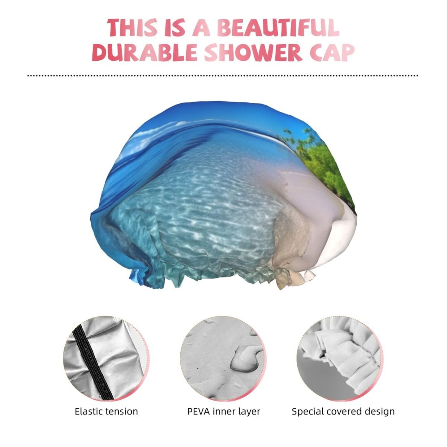 Blue Sea Coconut Tree Shower Cap for Women Men Large Reusable Shower Bonnet Double-Layer Waterproof Bath Caps Elastic Band Hair Hat for All Beauty and Personal Care BWLHJKE