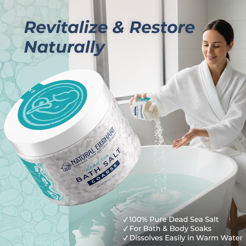 Natural Elephant Dead Sea Bath Salt Bathing and Foot Soak for Relaxing and Nourishing- 100% Pure with Essential Oil - Medium Coarse Grain (18 oz Jar Beauty and Personal Care Natural Elephant