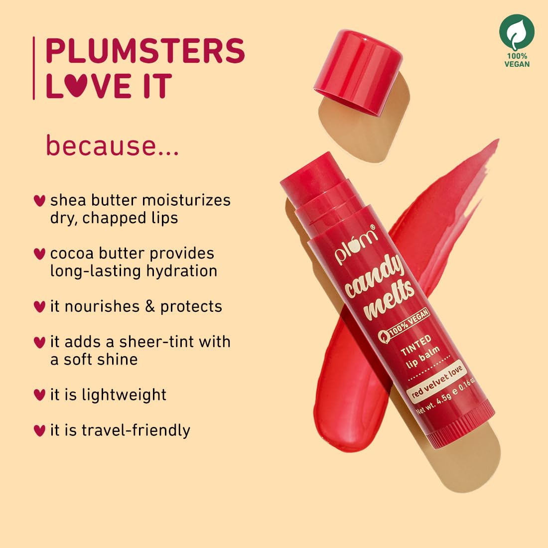 Plum Candy Melts Red Velvet Love Tinted Lip Balm - Moisturizes & Nourishes - Hydrates Dry & Chapped Lips - 100% Vegan - 4.5G (4.5 G (Pack Of 1) Red) Beauty and Personal Care Plum