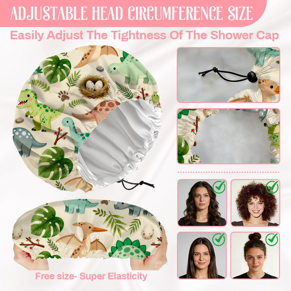 DELORIGIN Dinosaurs Leaves Reusable Shower Cap Cute Double Layer Waterproof Shower Caps Large Elastic Hair Cover Adjustable Hair - Drying Caps Beauty and Personal Care DELORIGIN