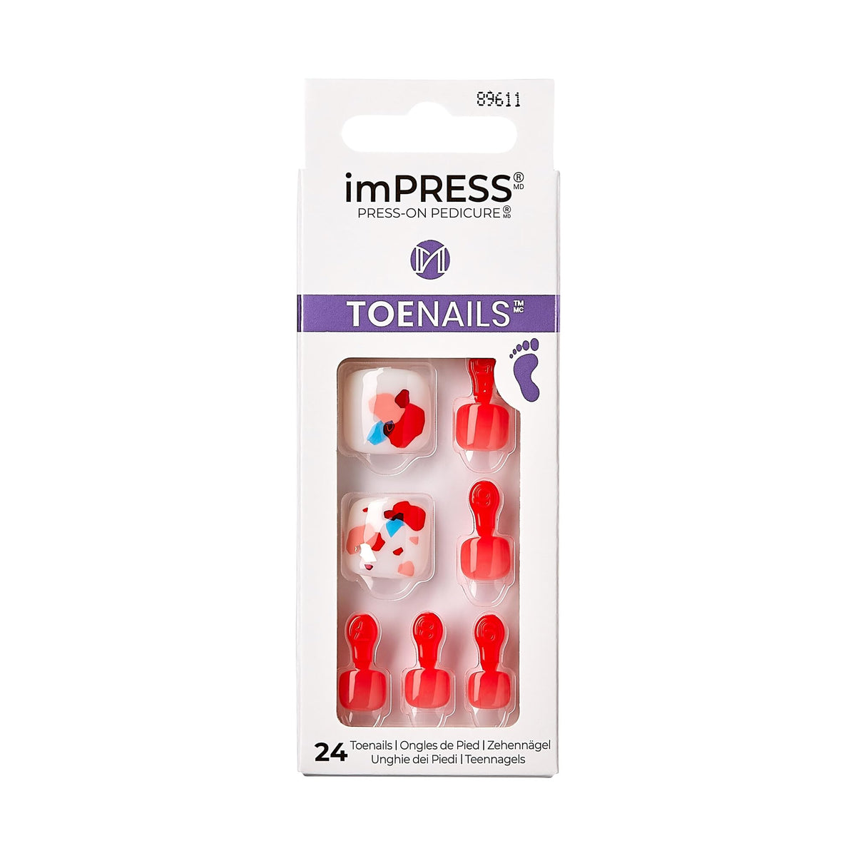 KISS Impress No Glue Pedi Press-On Toenails, Ruby, Red, White, Squoval Shape, Includes 24 Nails, Prep Pad, 1 Manicure Stick, 1 Mini File