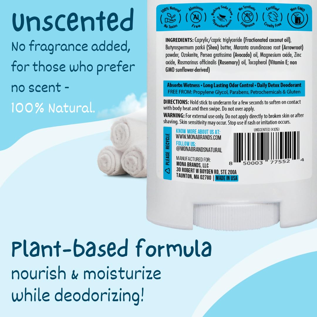 MONA Brands Unscented Natural Deodorant for Kids, Preteens & Teens, Aluminum Free, Baking Soda Free, Gentle for Sensitive Skin, Vegan Kids Deodorant Beauty and Personal Care MONA