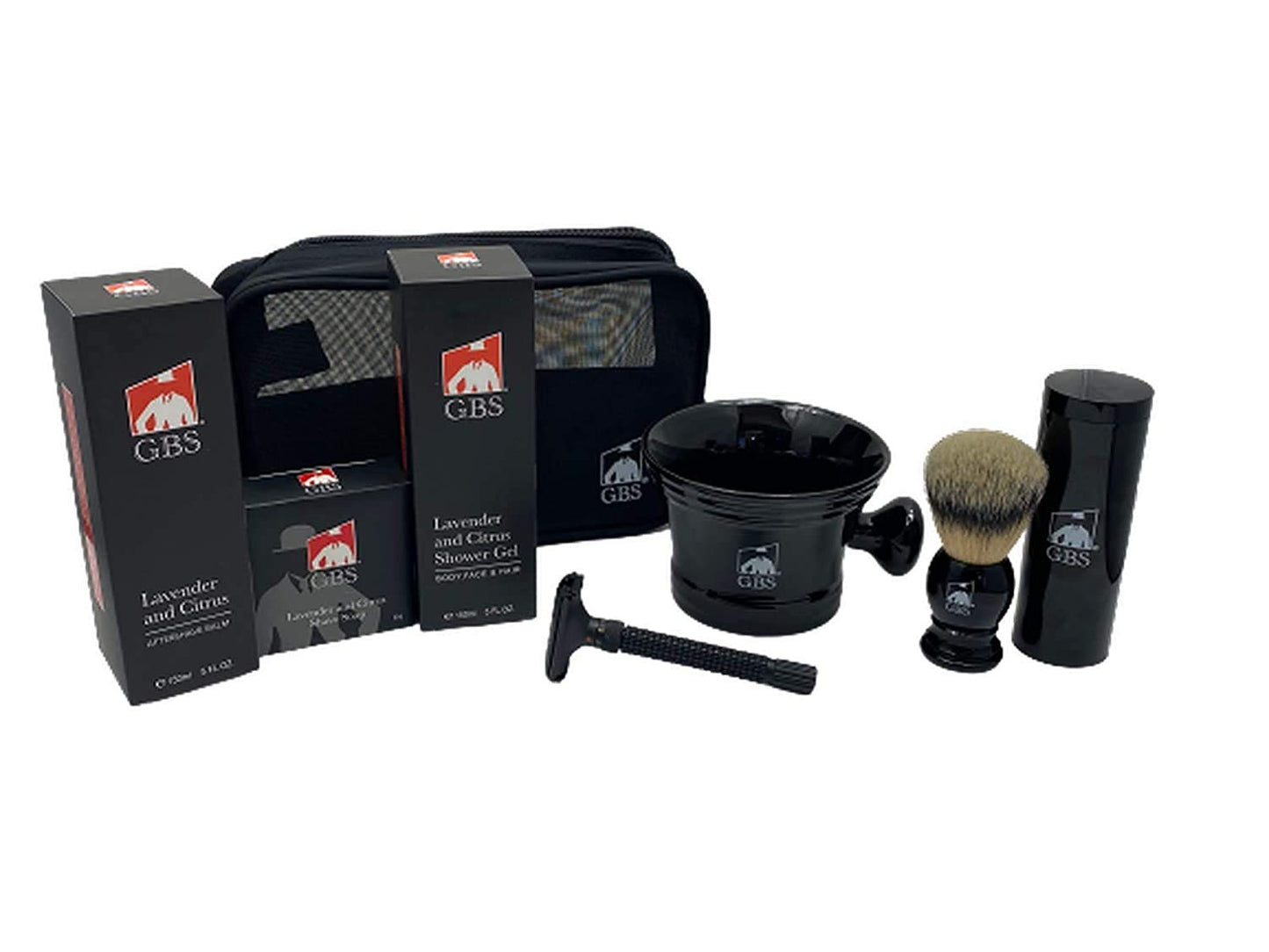 G.B.S Men's set Black Adjustable Safety Razor, Shower Gel Black Ceramic Mug, Lavender Aftershave, Shower Gel, and Shave Soap, Synthetic Brush Beauty and Personal Care G.B.S