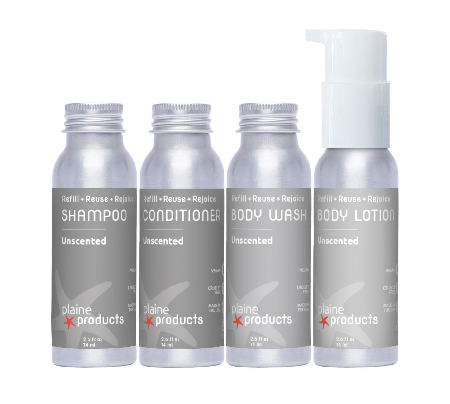 Plaine Products Eco-Friendly Travel Size Shampoo, Conditioner, Body Wash and Body Lotion - Unscented - Paraben/Sulfate/Phthalate Free, Refillable Beauty & Personal Care Plaine Products