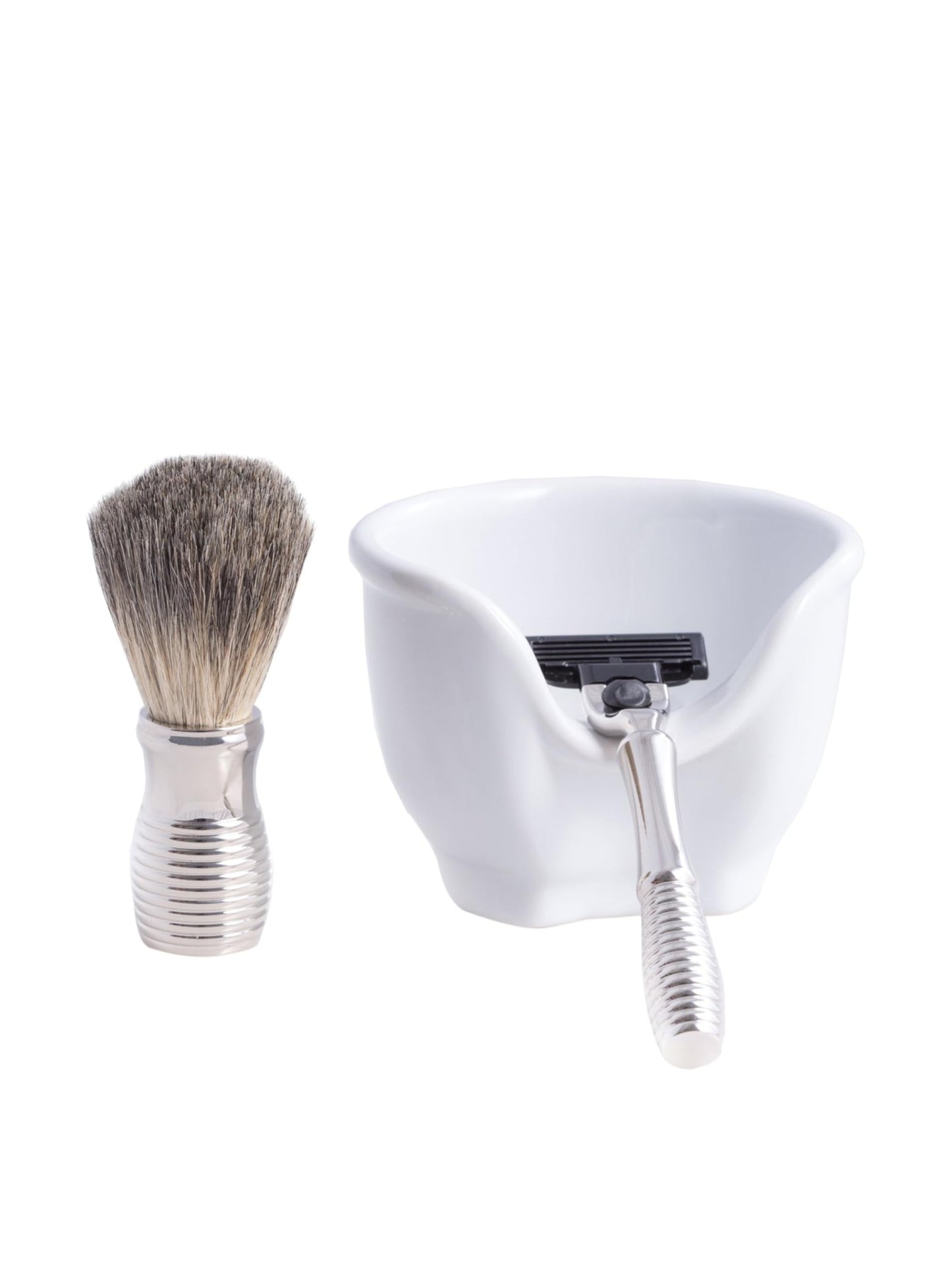 Bey-Berk Harvey 3-Piece Chrome Shaving Set, Razor and Pure Badger Brush with White Porcelain Soap Bowl, Compatible with Mach 3 Razor Blades Beauty and Personal Care Bey-Berk