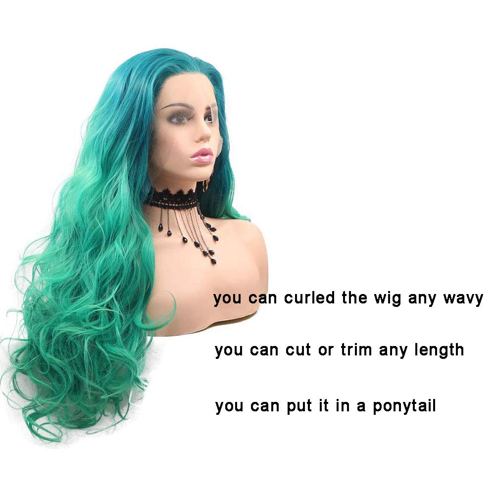 Long Green 2T Ombre Body Wave Synthetic Lace Front Wigs for Women Free Part Natural Hairline Glueless Wigs Light Green Ombre Green Body Wave Curly