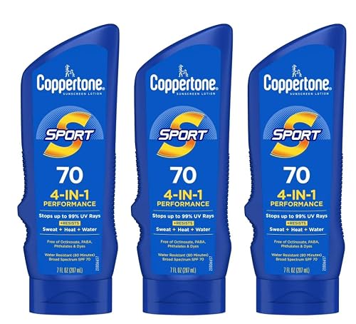 Coppertone Sport 4-in-1 Performance Sunscreen Lotion, Broad Spectrum SPF 70, Water Resistant and Sweat Resistant, 7 fl oz (Pack of 3) Beauty & Personal Care Coppertone