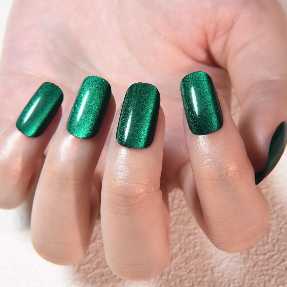 evpct Dark Emerald Green Metallic Cat Eye Press on Nails Square Medium, Stick on Nails Medium Length Square for Women, Green Metallic Nail press ons Beauty and Personal Care evpct