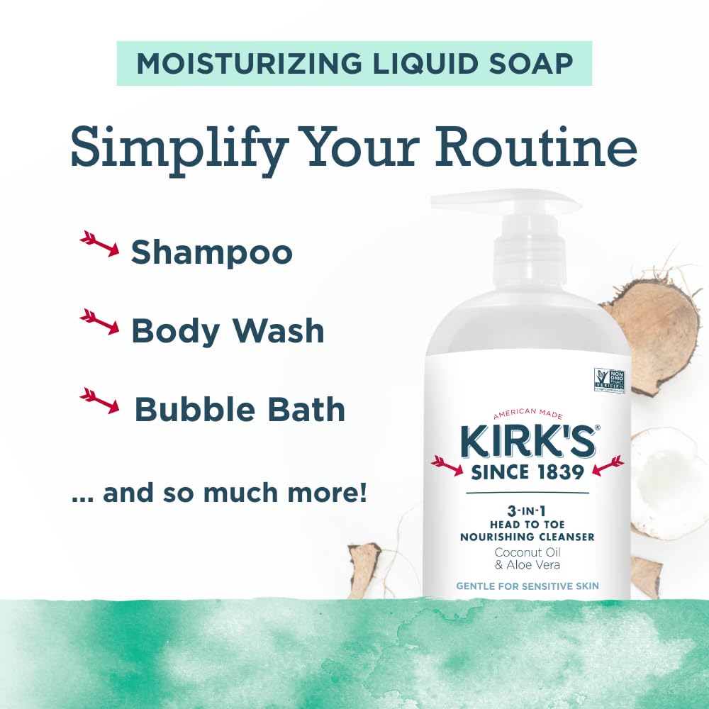 Kirk's Mint and Eucalyptus 3-in-1 Nourishing Cleanser and Travel Bar Soap, Shampoo Body Wash Bubble Bath, Coconut Oil and Aloe Vera, Vegan Non-GMO, 32 Beauty & Personal Care Kirk's