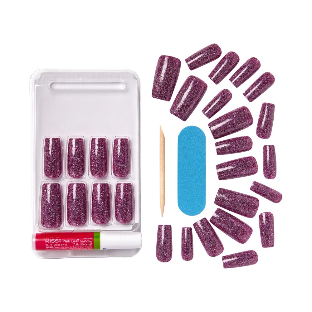 KISS False Nails Kit, Dreamdust Ready to Wear Gel Sculpted Nails, Stick and Glue Included, Long Length, Square Shape with Glitter Effect, Long-Lasting