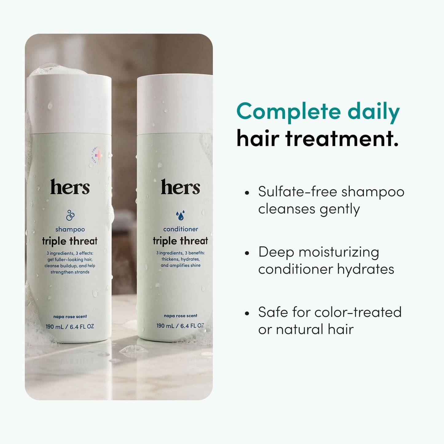 hers Triple Threat Shampoo & Conditioner Set - Biotin, Saw Palmetto, & Pumpkin Seed Oil Formula - Thickens & Hydrates - Color-Safe, Paraben-Free Beauty & Personal Care Hers