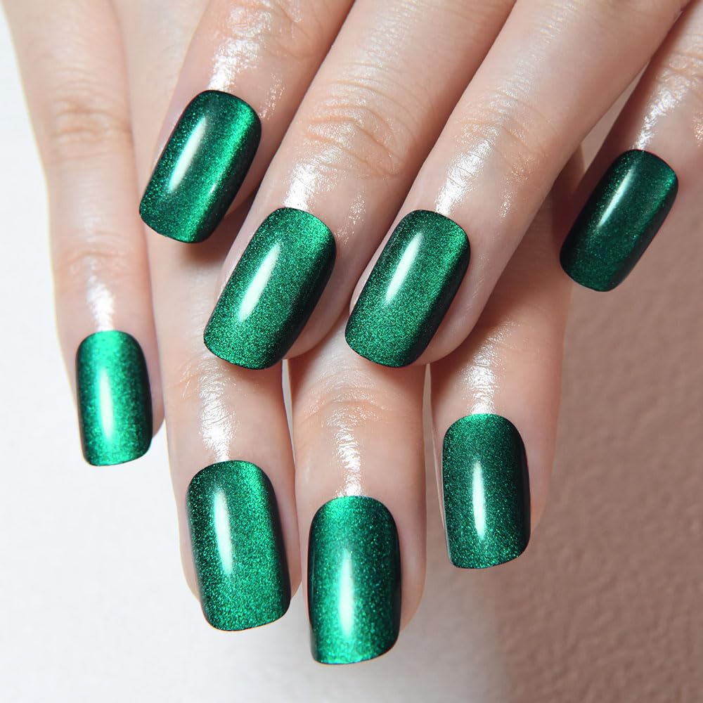 evpct Dark Emerald Green Metallic Cat Eye Press on Nails Square Medium, Stick on Nails Medium Length Square for Women, Green Metallic Nail press ons Beauty and Personal Care evpct Default Title