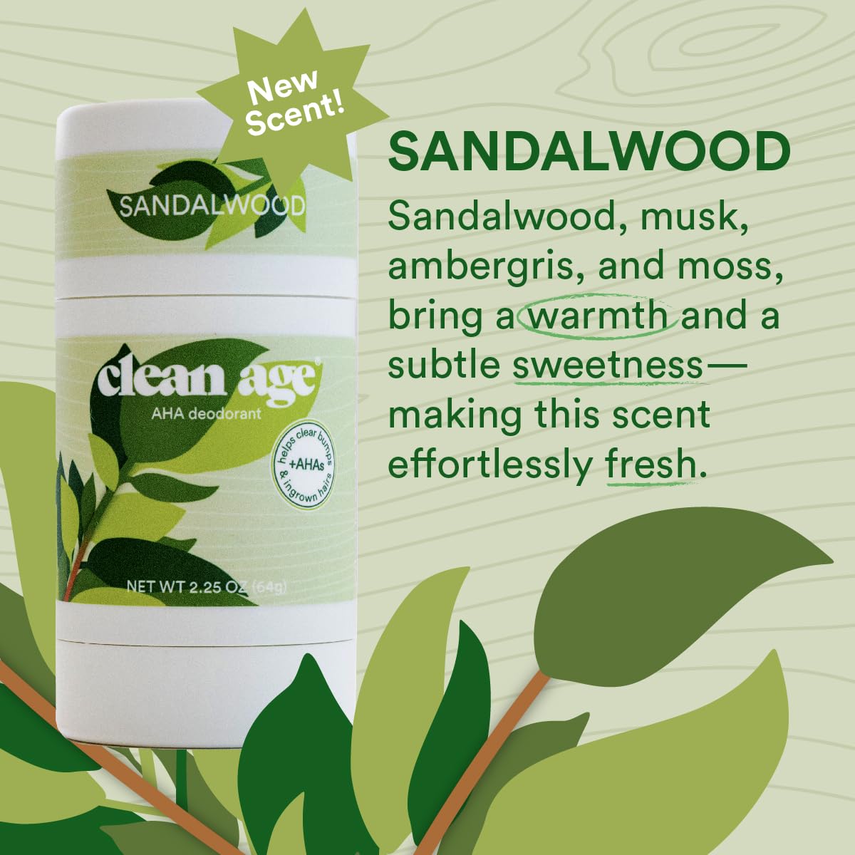 Clean Age Aluminum Free Deodorant, Sandalwood Scent, 2.25oz 1 Pack, Teen Deodorant for Boys and Girls, Paraben Free, No Aluminum for Sensitive Skin Beauty and Personal Care CLEAN AGE