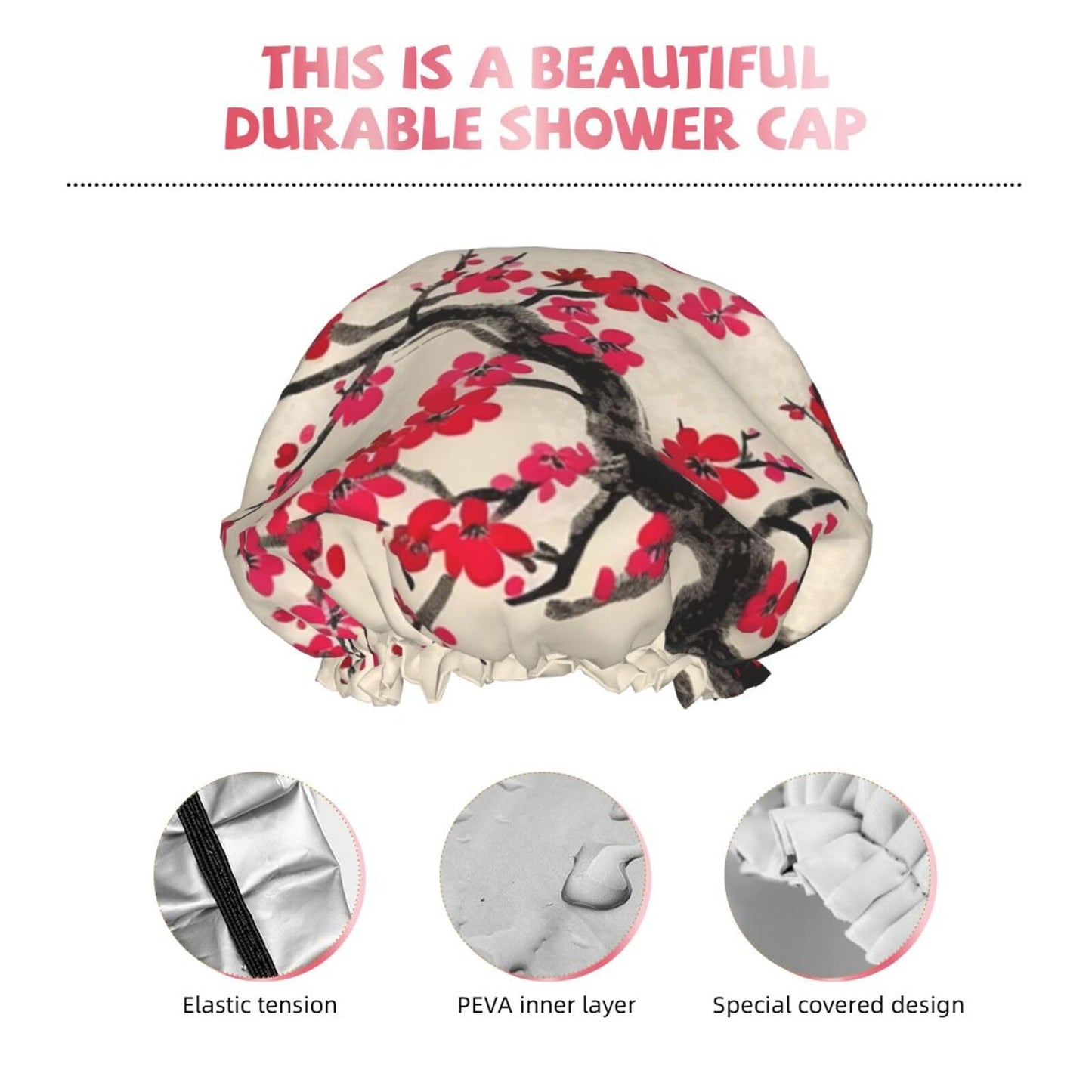 Japanese Floral Cherry Blossom Shower Cap for Women Men Large Reusable Shower Bonnet Double-Layer Waterproof Bath Caps Elastic Band Hair Hat for All Beauty and Personal Care BWLHJKE