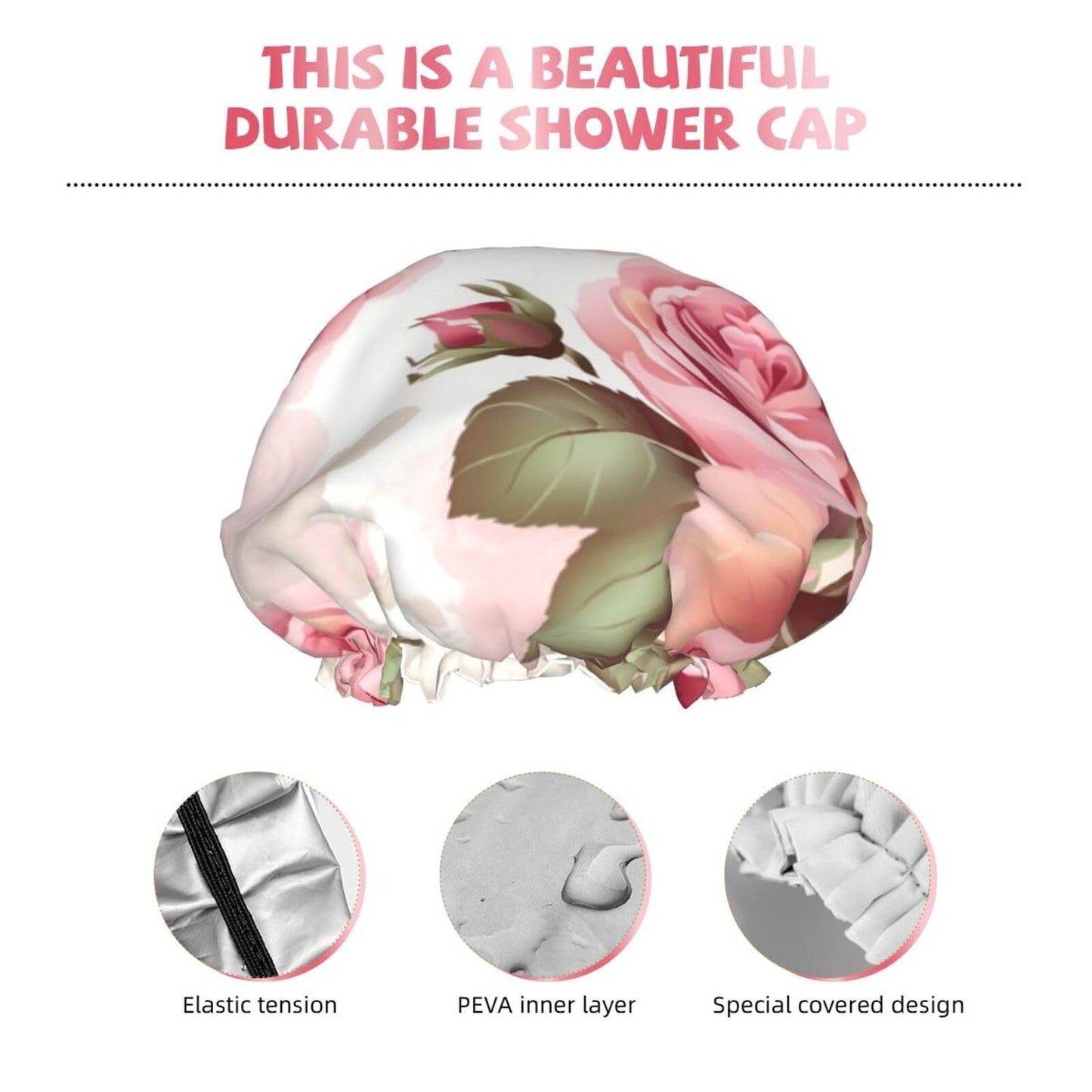 Rose Floral Shower Cap for Women Men Large Reusable Shower Bonnet Double-Layer Waterproof Bath Caps Elastic Band Hair Hat for All Hairstyles Beauty and Personal Care BWLHJKE