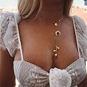 DoubleNine Double Strand Gold Chain Necklace Star Sun Crystal Minimalist Wedding Evening Necklace for Women Girls Beauty & Personal Care Doubnine