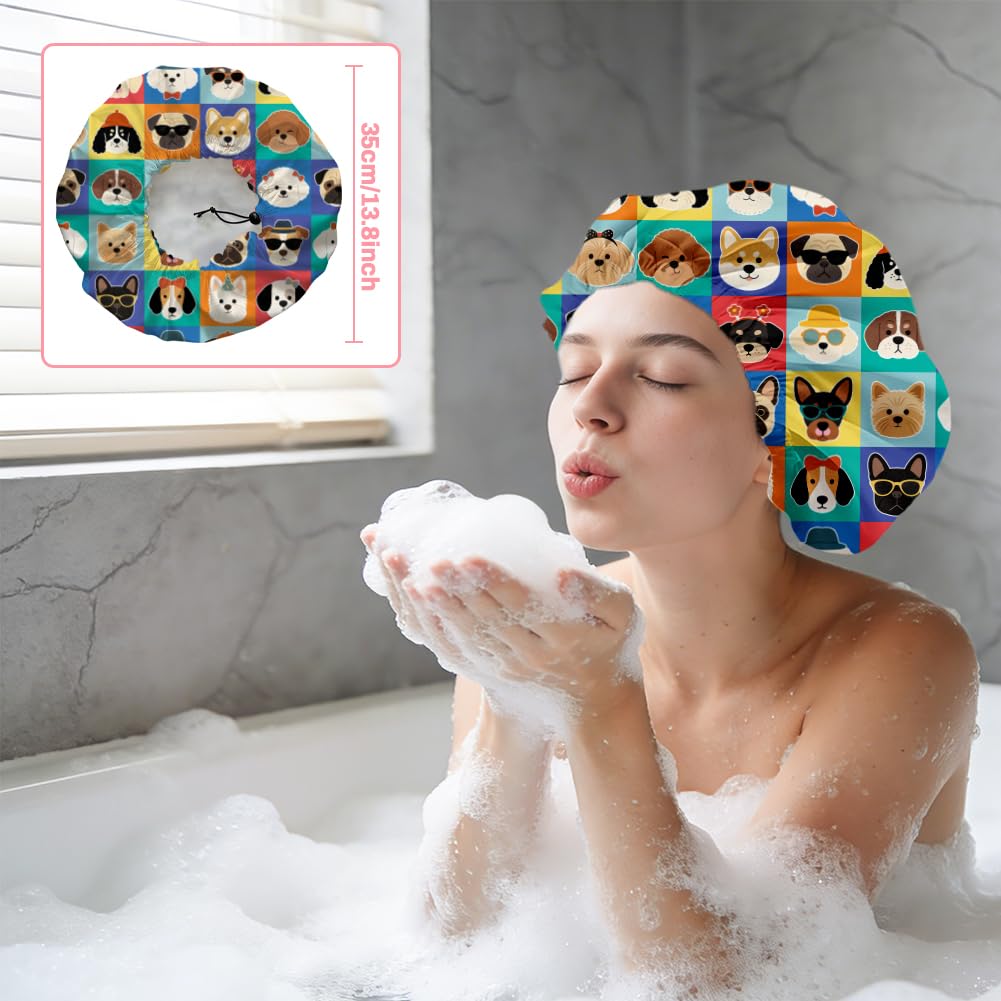 DELORIGIN Funny Dog Reusable Shower Cap Cute Double Layer Waterproof Shower Caps Large Elastic Hair Cover Adjustable Hair - Drying Caps for Woman Man Beauty and Personal Care DELORIGIN