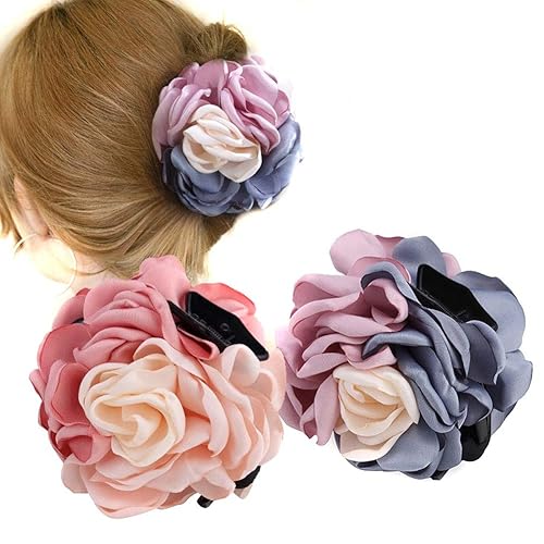 2PCS Sweet Large Rose Flower Hair Claws Beauty Ribbon Bow Hair Clips Headwear Hair Jewelry for Women Accessories (Pink + Pink blue) Beauty & Personal Care Suoirblss