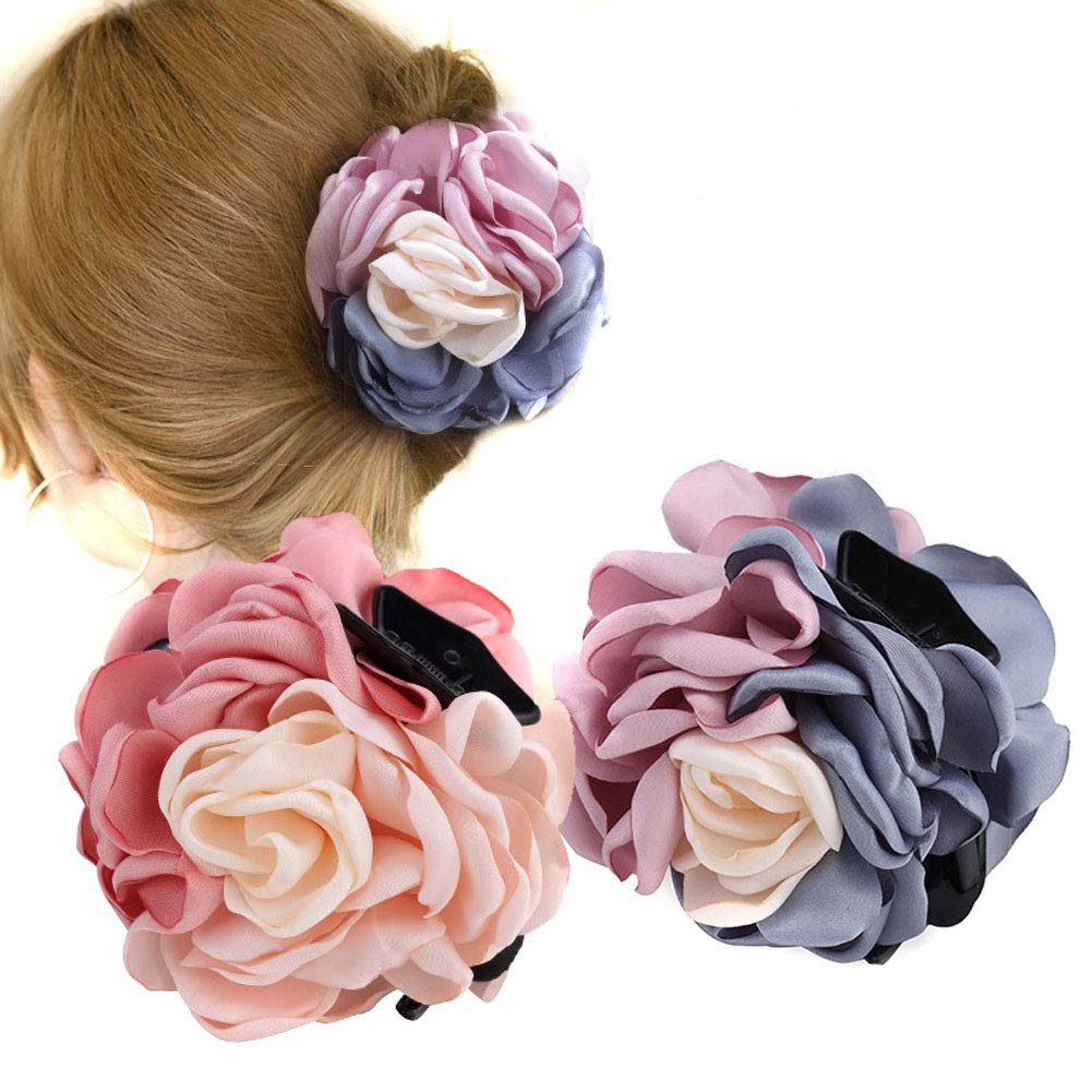 2PCS Sweet Large Rose Flower Hair Claws Beauty Ribbon Bow Hair Clips Headwear Hair Jewelry for Women Accessories (Pink + Pink blue) Beauty & Personal Care Suoirblss
