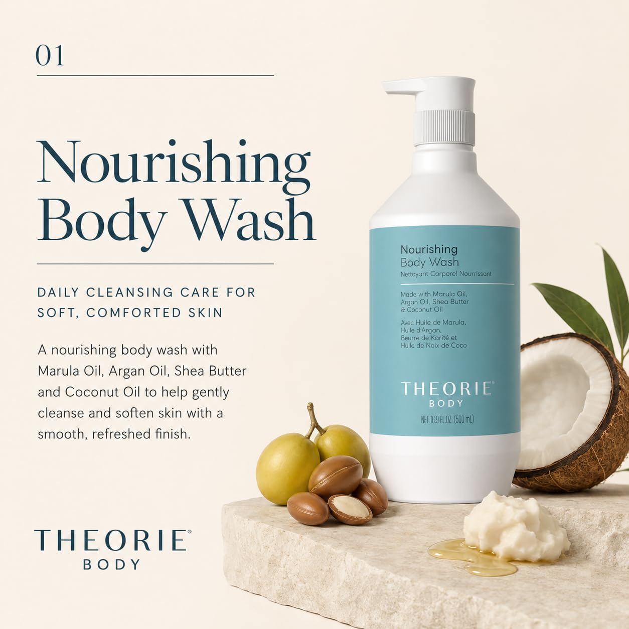 Theorie Premium Nourishing Body Wash - Made with Marula Oil, Argan Oil, Coconut Oil & Shea Butter - Featuring our Amber Rose Fragrance - Vegan Beauty & Personal Care Theorie