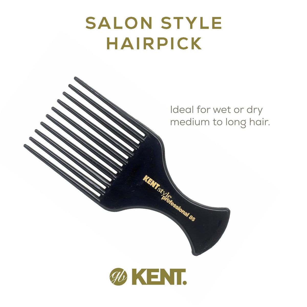 Kent SPC86 Black Salon-Style Professional Pick and Barber Comb - Afro Parting Comb for the Care of Curly and Thick Hair - Sleek style
