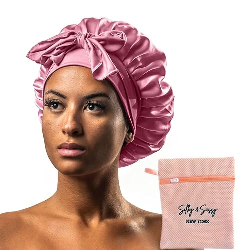 Silky & Sassy Large Satin Bonnet With Laundry Bag - Double Layer Silk Sleep Cap for Women, Curly Hair - Adjustable Tie Band - Pink Beauty & Personal Care Silky & Sassy