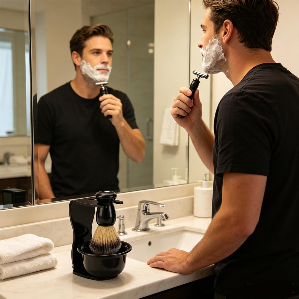 Joyzan Shaving Brush Set, 3 in 1 Men Hair Shave Brushes Bowl Stand Shaving Cream Soap Razor Holder Mug Kit Soft Nylon Cleaning Tool Wet Father Husband Beauty and Personal Care Joyzan