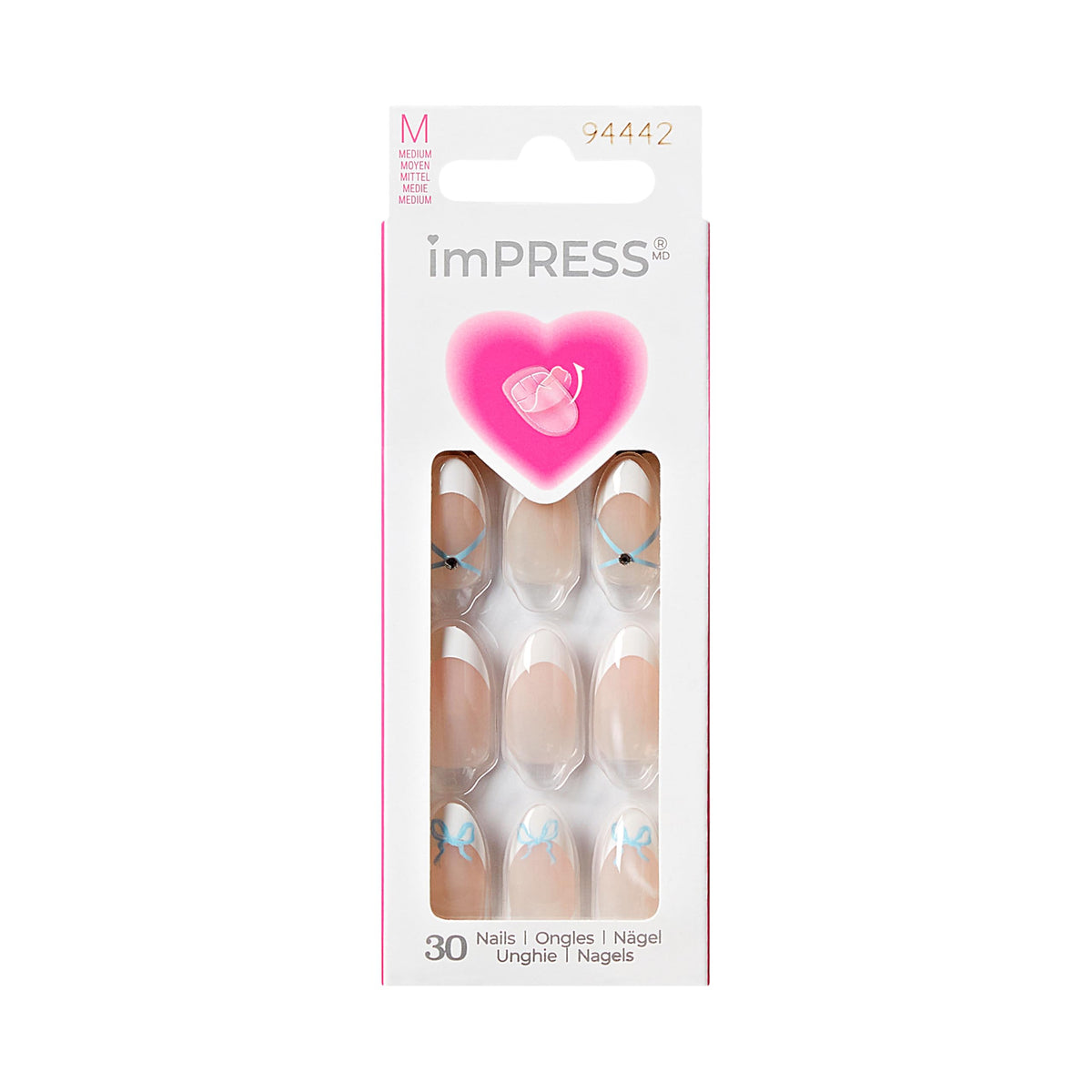 Kiss Impress Valentine’s Day Press On Nails Almond, ‘Hearty’, White, Medium Length, No Glue Needed, Up to 10-Day Superior Hold, Includes 30 Fake
