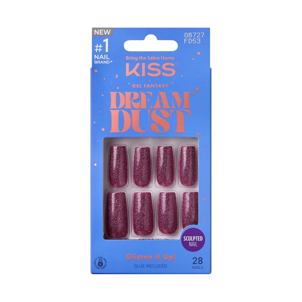KISS False Nails Kit, Dreamdust Ready to Wear Gel Sculpted Nails, Stick and Glue Included, Long Length, Square Shape with Glitter Effect, Long-Lasting