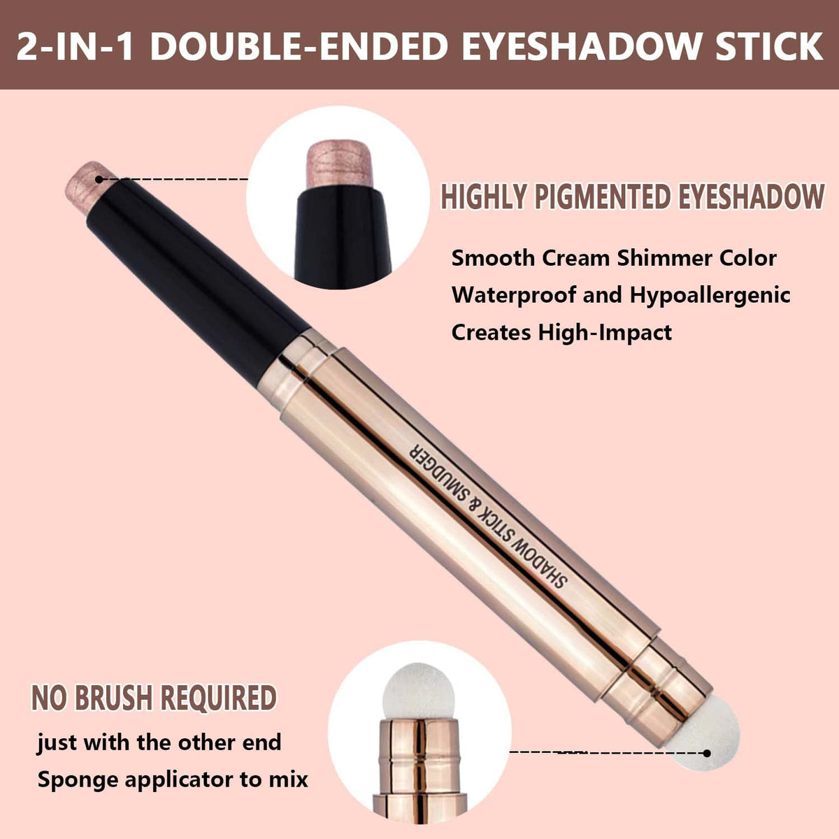 2 in 1 Eyeshadow stick and Sponge Makeup Brush, Brown Smooth Cream Shimmer Shadow Pencil Long Lasting Waterproof Eye Shadow Highlighter Stick Makeup Beauty & Personal Care MiaSarah