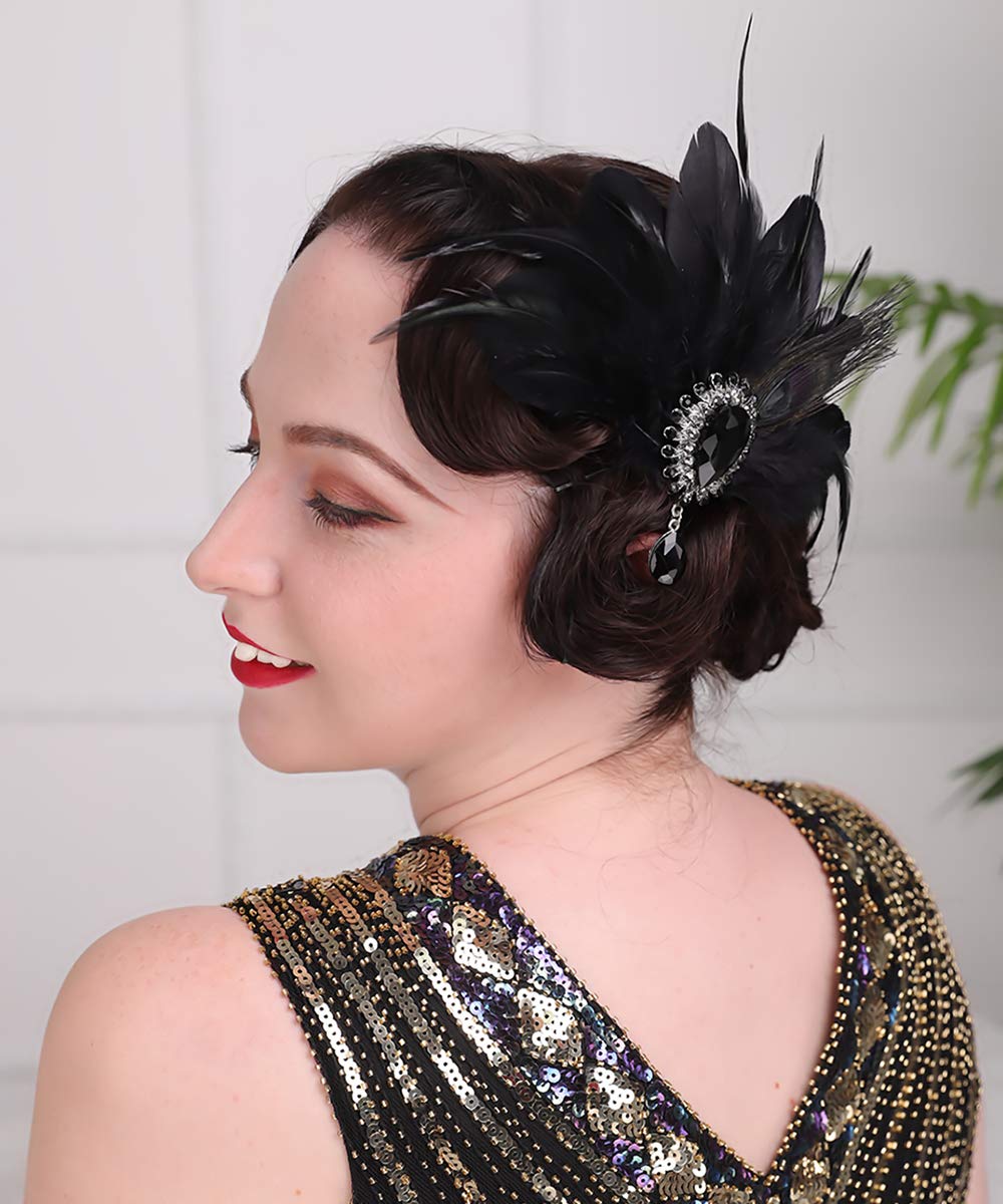Aimimier 1920s Flapper Feather Hair Clip Black Roaring 20s Headpiece Costume Masquerade Hair Jewelry for Women and Girls (Style 1) Beauty & Personal Care Aimimier
