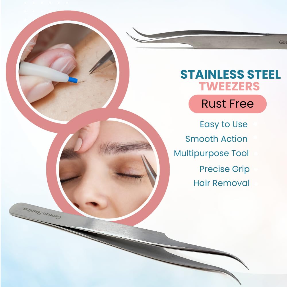 Professional Eyelash Tweezers Sharp, Needle Nose, Stainless Steel, Tweezers Precision Pluckers 4.75" with Fine Precision Tips for Facial Hair Beauty and Personal Care HIGH TECH INSTRUMENTS