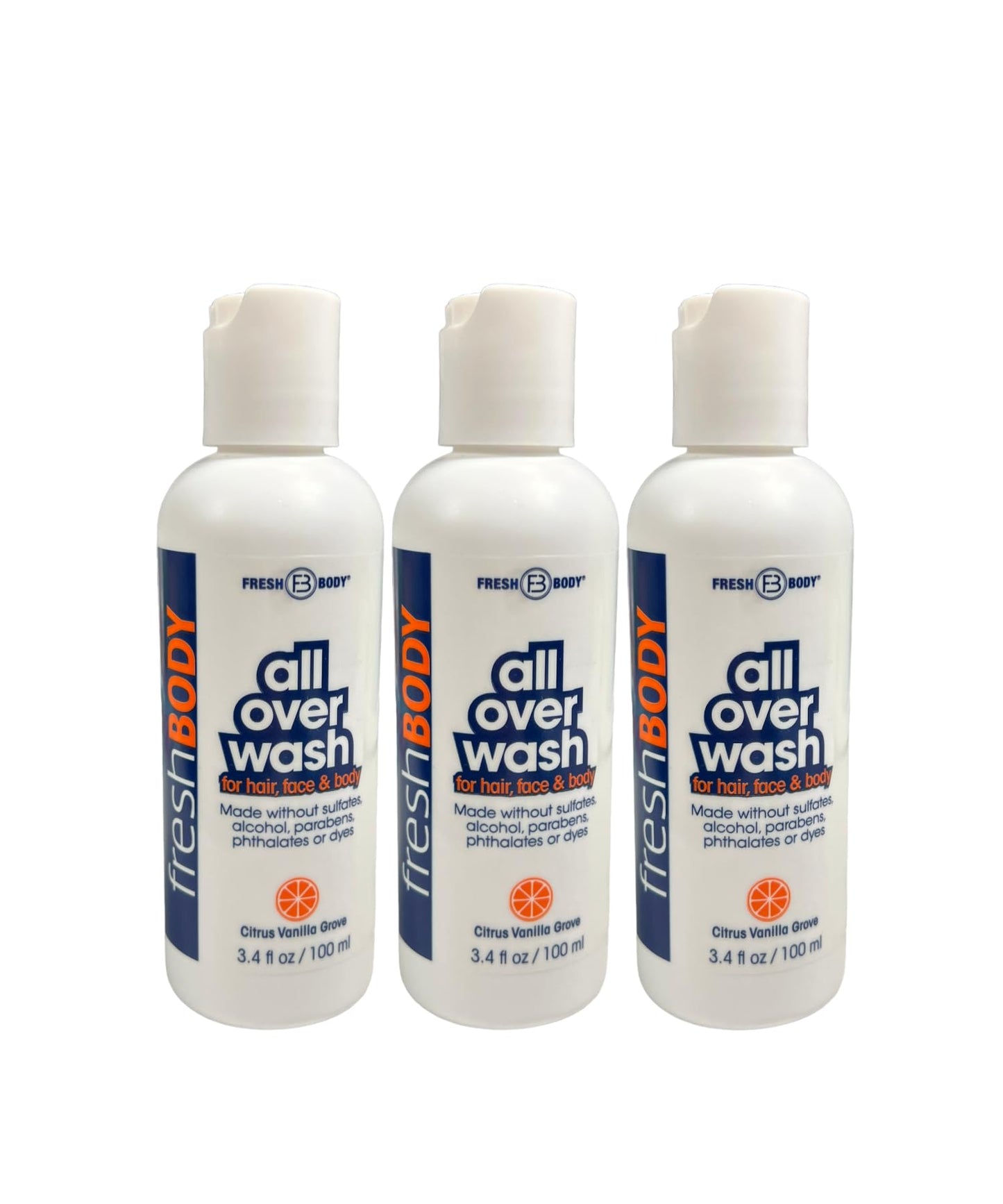 Fresh Body All Over Wash Travel Size Body Wash & Shampoo for Men & Women (3 Pack) - Citrus Vanilla Grove Shower Gel for Hair, Face & Body, 3.4oz - No Beauty & Personal Care Fresh Body FB