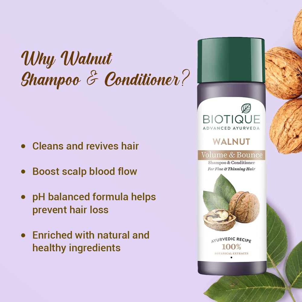 Biotique Walnut Bark Volumizing Shampoo For Fine & Thinning Hair 190 ml/ 6.42 Oz. I Makes Hair Healthy, Silky, Shiny And Pure Natural Black I Musk