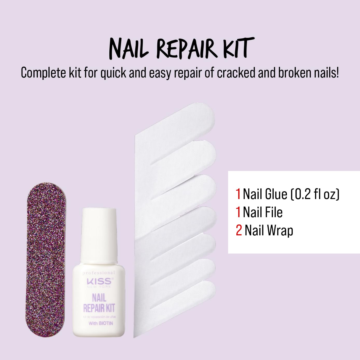 Kiss New York Nail Repair Kit for Damage, Broken, Cracked and Weak Nails - Biotin Infused Glue, File, and 2 Wraps - Made in Korea Beauty & Personal Care KISS NEW YORK