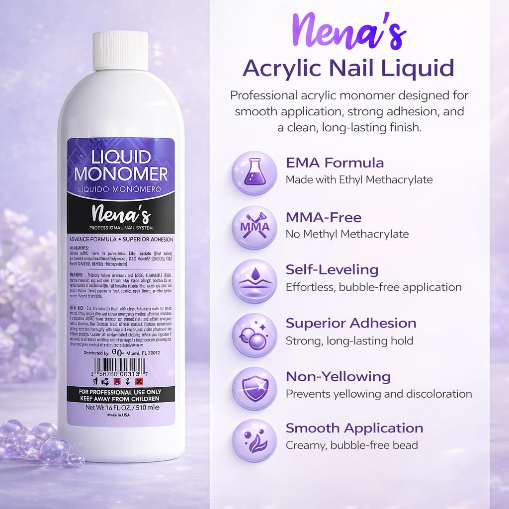 Professional Liquid Monomer by Nena's 16 fl oz, Advanced GlamourShield acrylic formula, no MMA, Non-Yellowing, Quick Dry, Strongest Adhesion, Acrylic