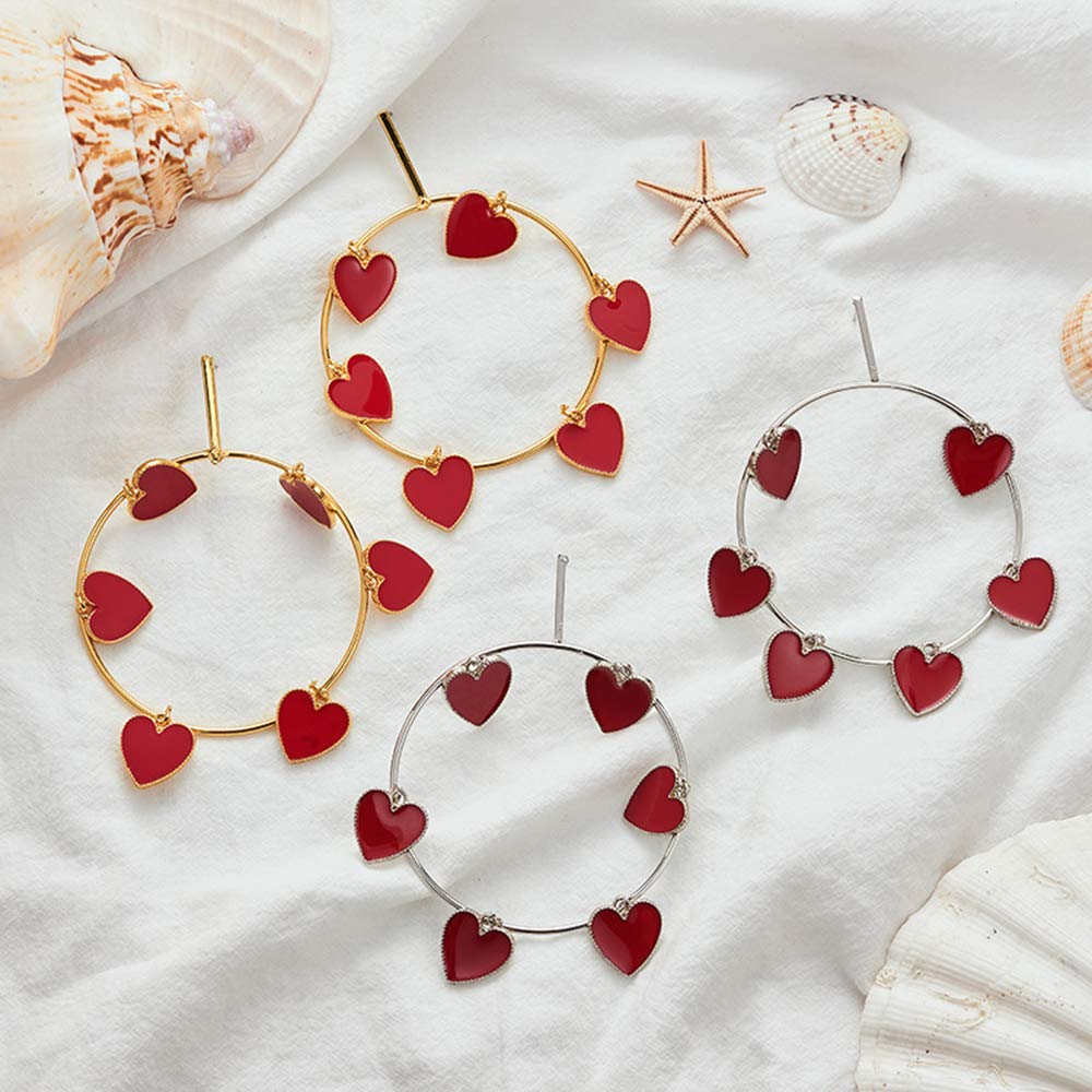 Doubnine Large Hoop Earrings Red Heart Circle 80s Silver Dangle Earrings Wedding Bridal Love Sweet Bohemian Jewelry for Women Girls Beauty & Personal Care Doubnine