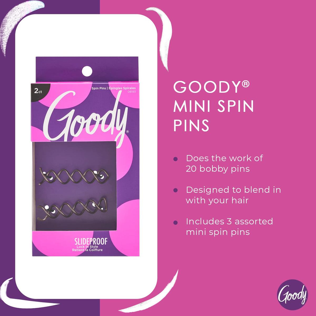Goody Mini Spin Pins, 2 Ct, Spiral Clips for Quick & Easy Buns, All-Day Hold Twist Corkscrew Bobby Pins, Pain-Free Hair Accessories for Women, Men